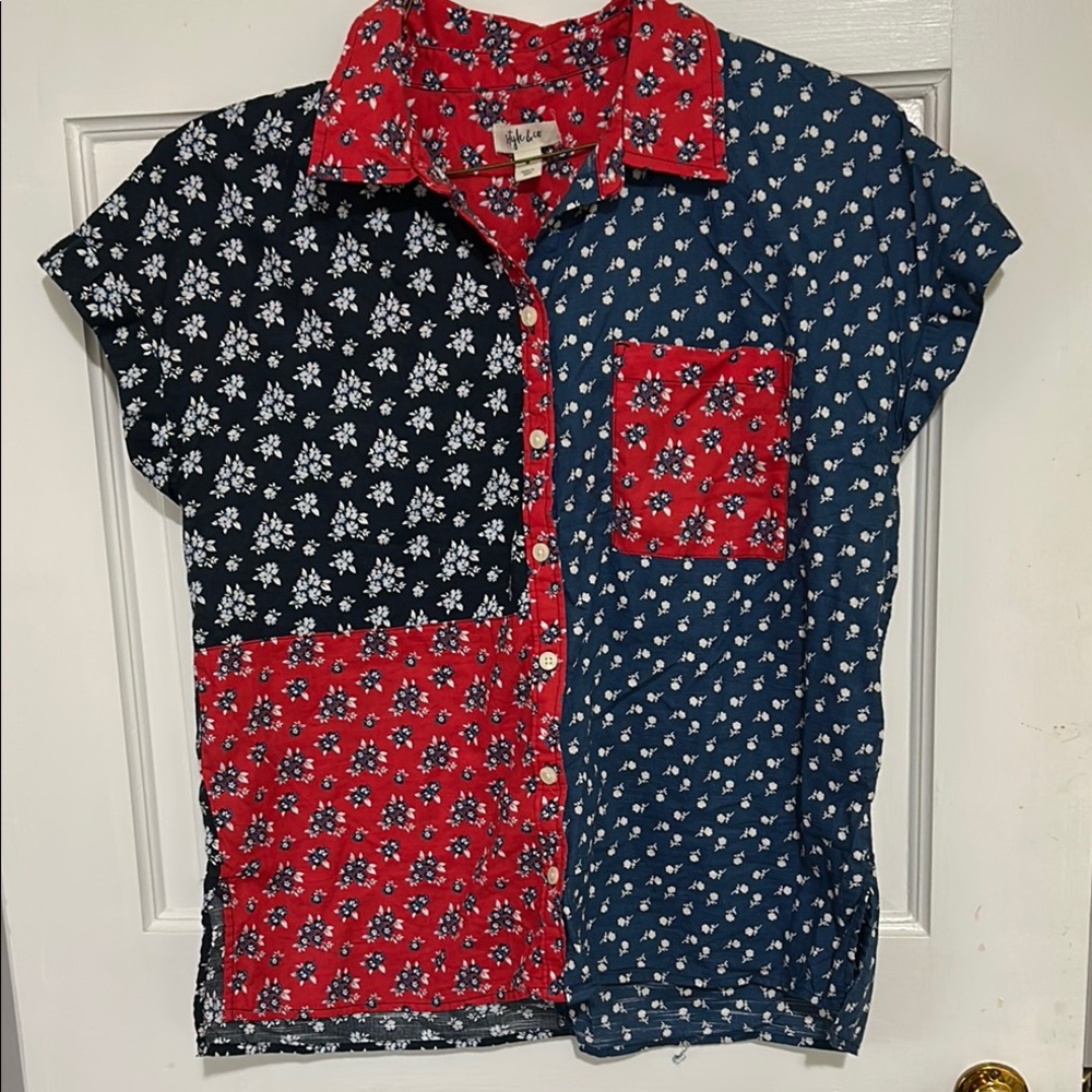 Women's Floral Patchwork Shirt - Red and Blue with pocket. Cotton. Vintage!